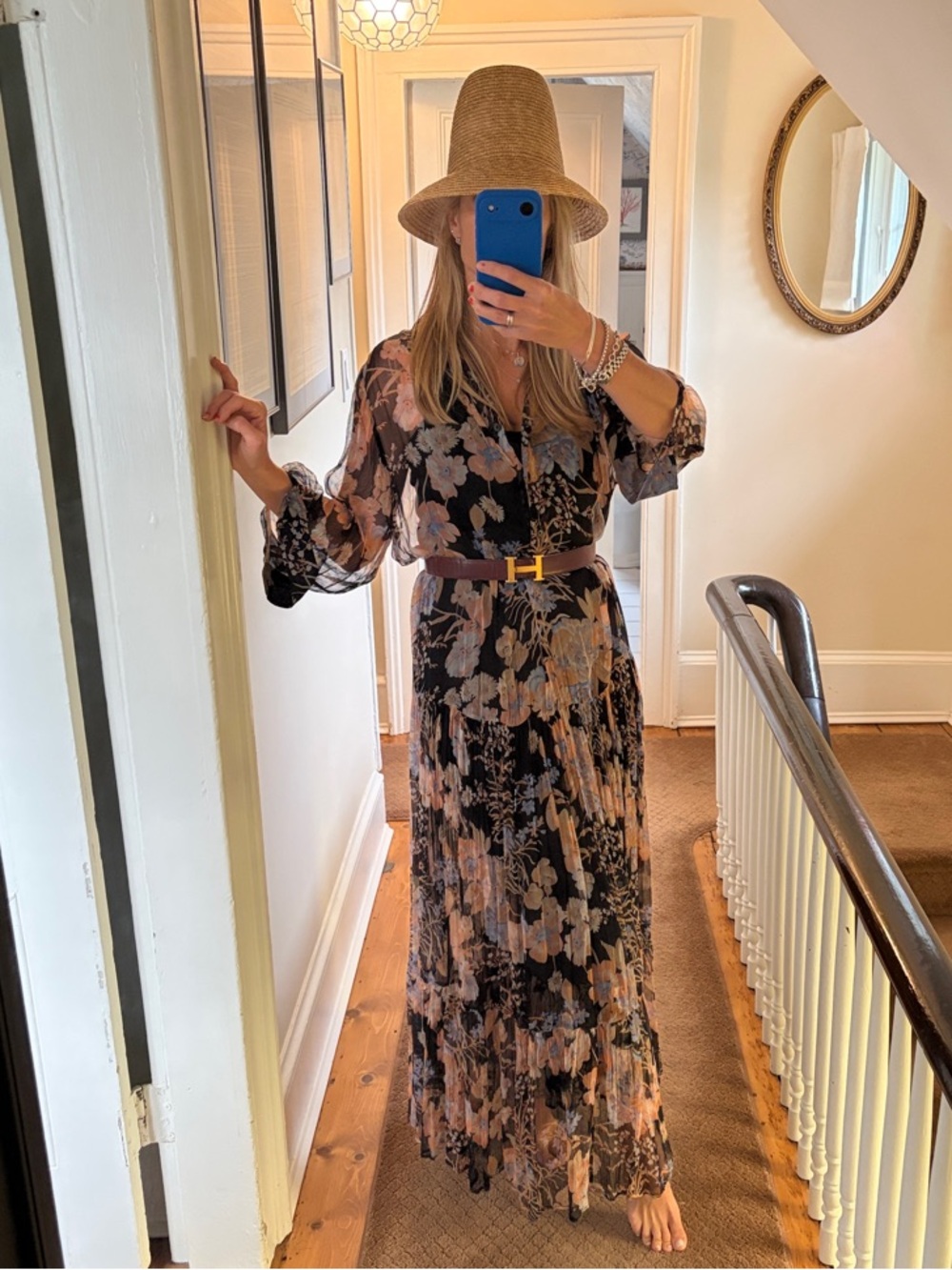 Floral Sheer Long Sleeve Maxi Dress in Black and Blush